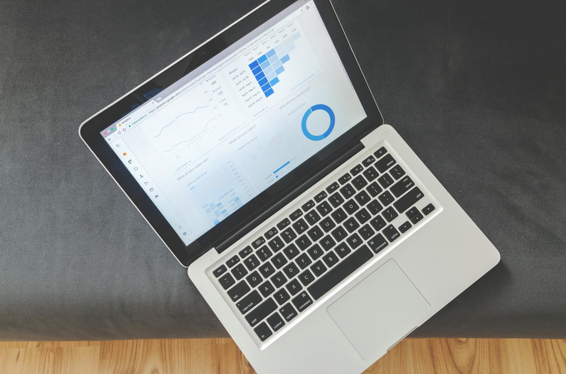 Laptop displaying local SEO analytics dashboards with performance charts for Australian small business optimisation